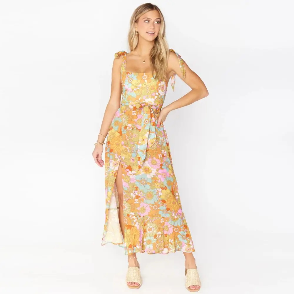 Neckholder-Träger Blumen kleid ärmelloses lässiges High-Slit-Damen-Midi kleid Sommer sexy Riemen Schlitz kleid Vierkant-Schnür kleid