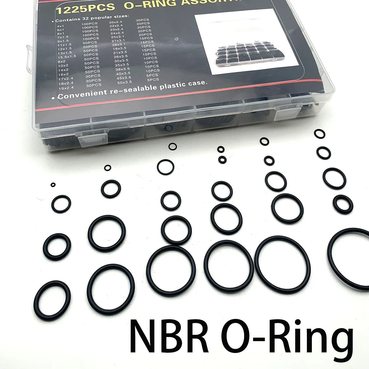 Black Nitrile Rubber O-ring Kit 1225 Pieces CS1-3.5mm OD4-50mm Oil Resistant, Waterproof, Dustproof Seal for Pipeline Joints.