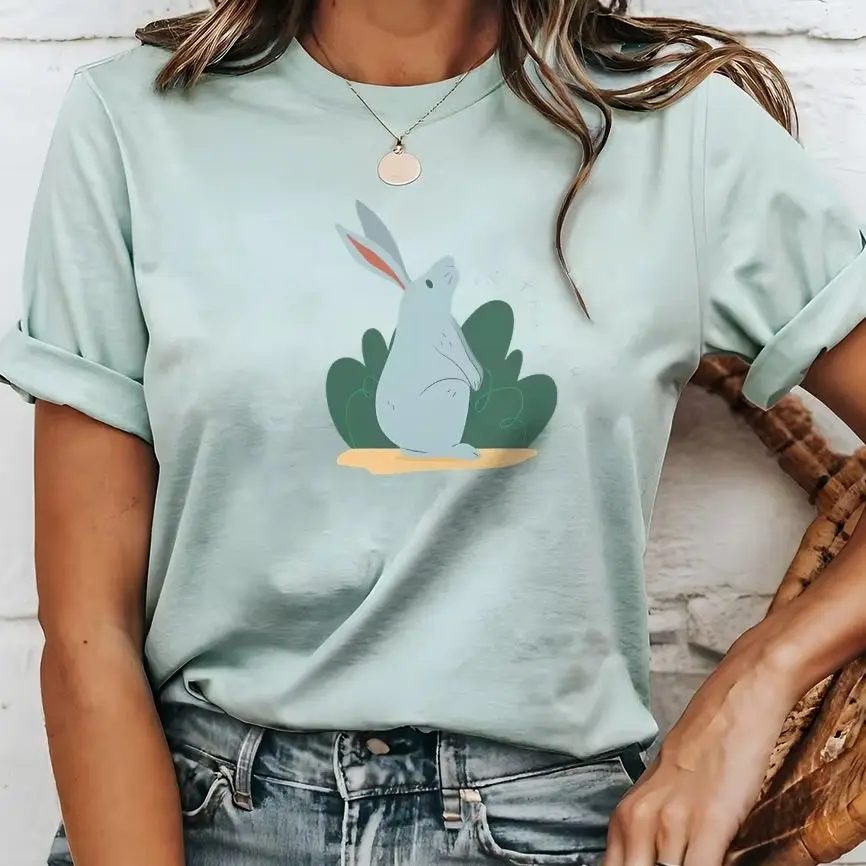 

Y2K Cotton Casual Women‘s T-Shirt Short Sleeve Round Neck Fitted Colorful Cute Cartoon Blue Rabbit Bush In The Forest