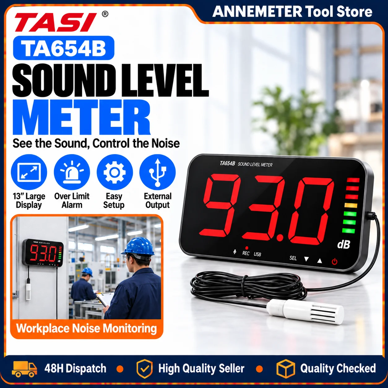 13in Wall Mounted Sound Level Meter 30-130dB Large LCD Digital Decibel Meter Environmental Noise Monitor for Office Factory
