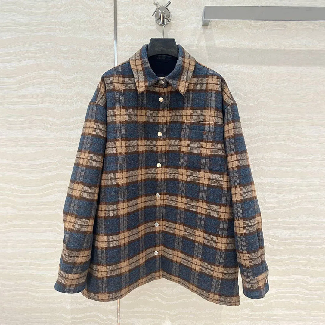 2024 New Autumn Vintage 100% Wool Contrast Plaid Shirt Style Jacket Women Turn-down Collar Long Sleeve Buttons Streetwear Coat