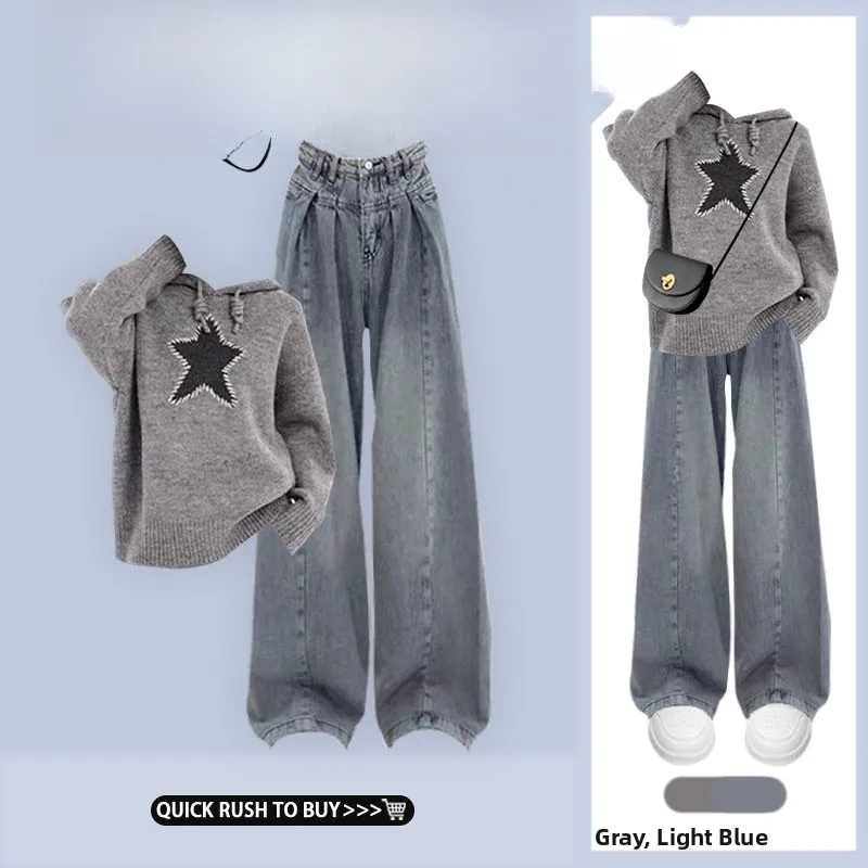 

Loose Knitted Sweater Wide Leg Jeans Two Piece Set Autumn Winter Casual Sle Vintage Drapey Floor Length Pants Ensemble