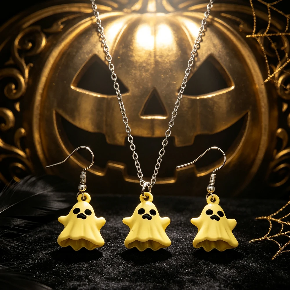 Fun Little Ghost Pendant Jewelry Set, Multiple Colors Available, Festive Photo-Taking Atmosphere Earrings and Necklace Set, Halloween Sweet-Cool Party Outfit Two-Piece Set