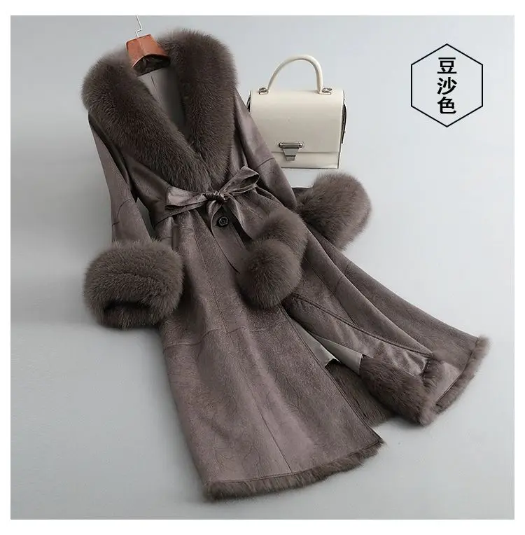 2023 New Rabbit Fur One Piece Coat for Women Mid length Fox Fur Collar Lace up Slim Fit Haining Fur Coat for Women