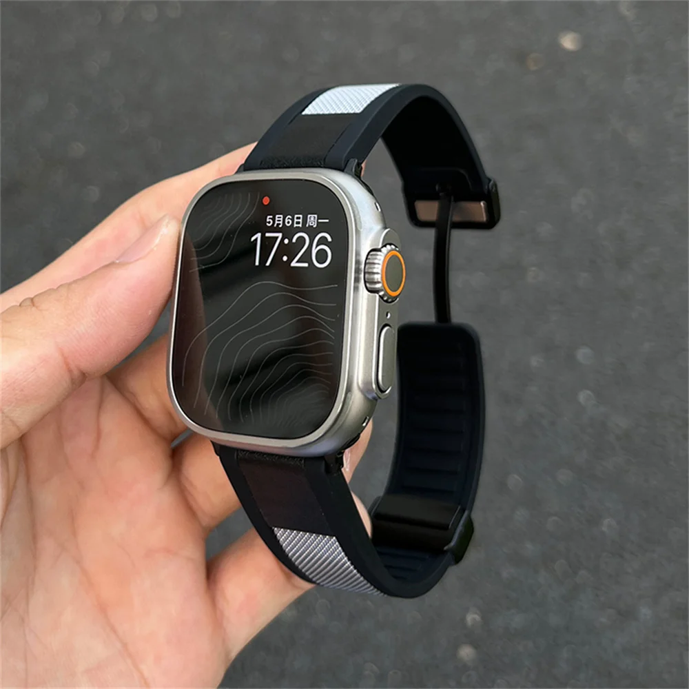 Luxury Breathable Leather Metal Band For Apple Watch 44mm 40 45 41 49 42 38 Magnetic Buckle For Ultra Series 9 8 SE 7 6 5 4 3