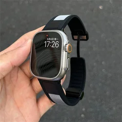 Luxury Breathable Leather Metal Band For Apple Watch 44mm 40 45 41 49 42 38 Magnetic Buckle For Ultra Series 9 8 SE 7 6 5 4 3