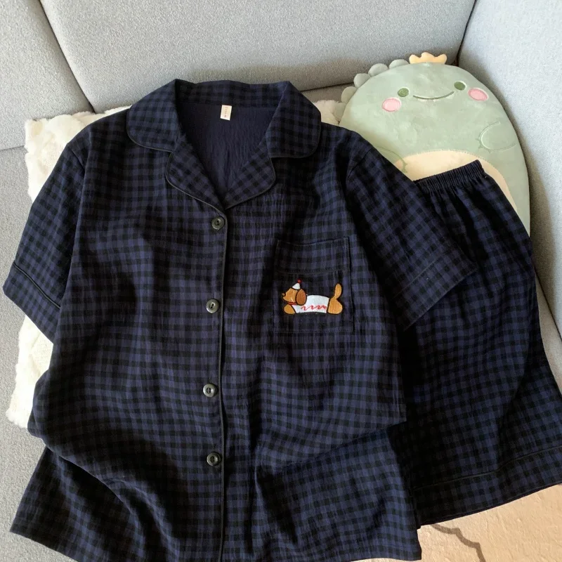 Embroidery Dog Sleepwear Fashion Cute Pajamas Set for Women Plaid Lapel Elastic Waist Design Pajamas Short Casual Nightwear