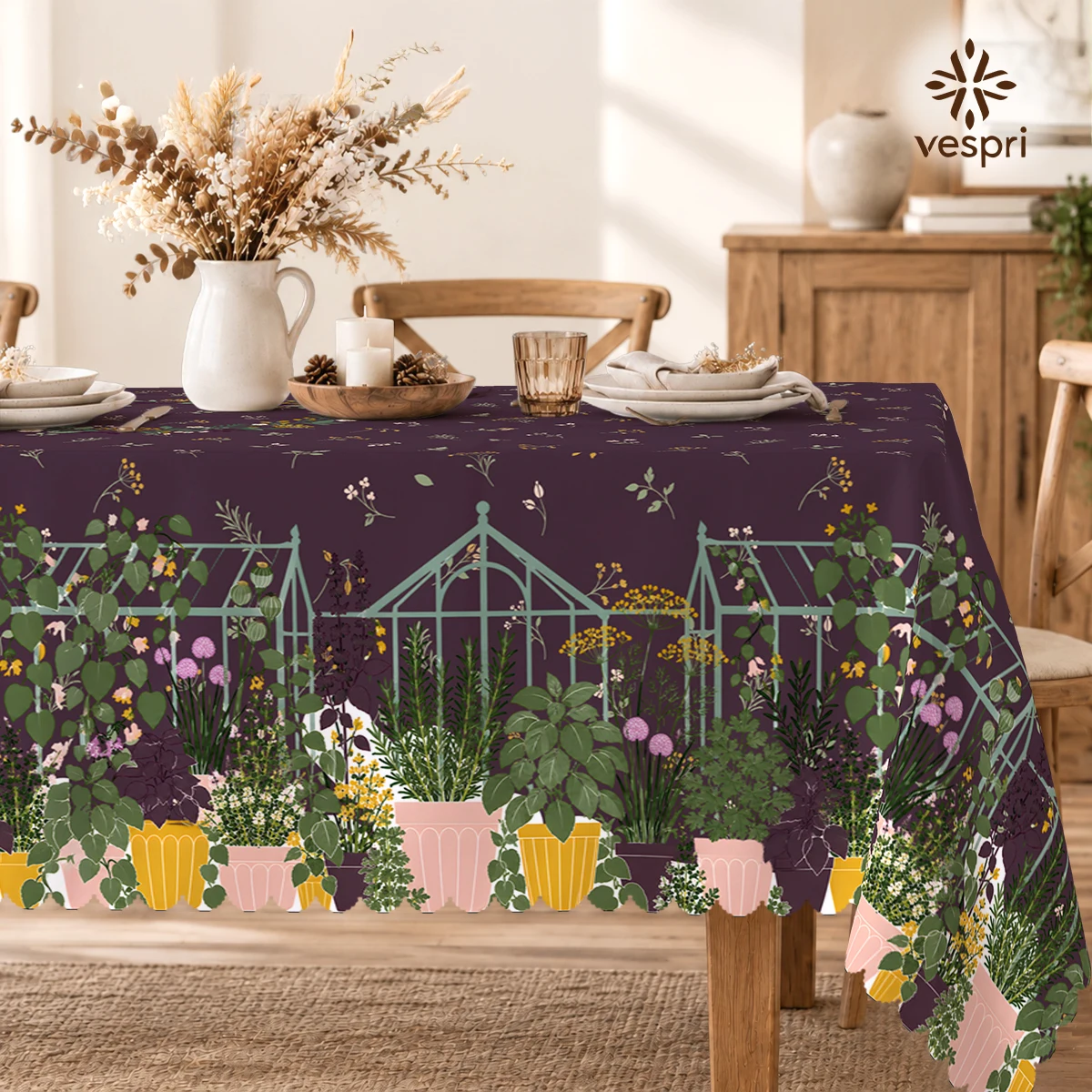 Botanical Tablecloth with Poppies & Potted Plants for Indoor/Outdoor Camping decor, Rectangular/Round/Oval