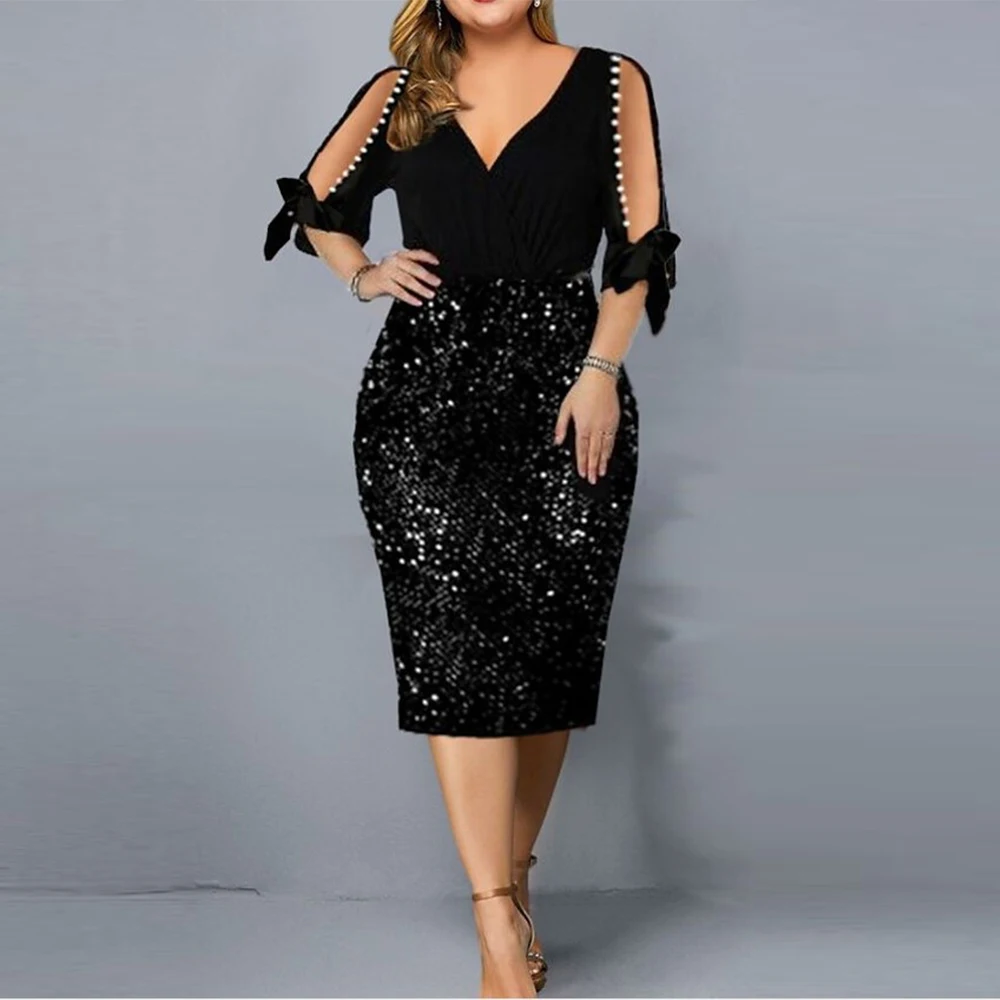 Party Dresses for Women 2023 Sequin Sexy Hollow Out Design Bead V-Neck Petal Sleeve Bodycon Dress Elegant Vestidos Plus Size 5XL