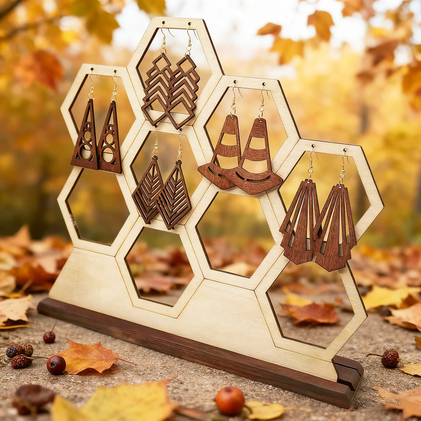 5 Pairs of Geometric Shaped Earrings, Fan-Shaped Traffic Cones, Rhombic and Other Creative Design Wooden Earring Sets