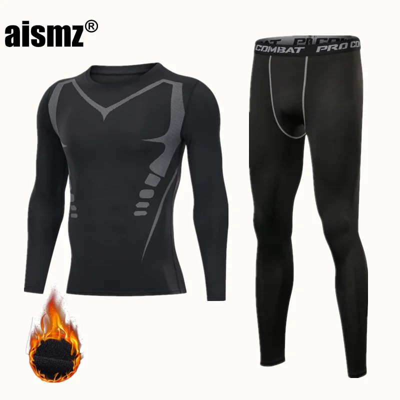 Aismz Winter Thermal Underwear Men Clothing Sportswear Compression Quick Dry Warm Long Johns Fitness Fleece Thermo Underwear Set