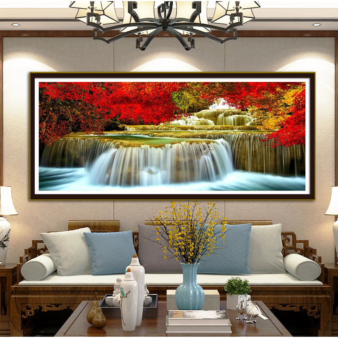 Red Leaves and Waterfall Landscape Pattern Printed Cross Stitch Set Handmade DIY Easy Living Room Decoration Hanging Paintings