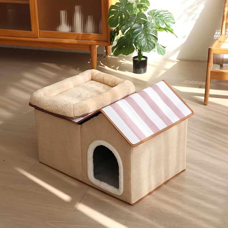 

Кошачий домик 2-в-1 со съемной кроватью — большая всесезонная теплая вилла для домашних животных для использования в помещении и на открытом воздухе, уютная прочная мебель для кошек