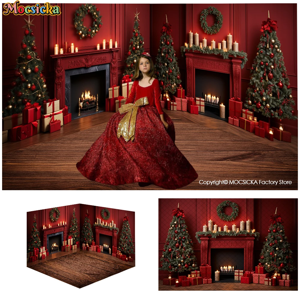 Christmas Gift Livingroom Fireplace Photocall Backdrop Classy Red XMAS Trees Background  Adult Girl Child Portrait Photo Props