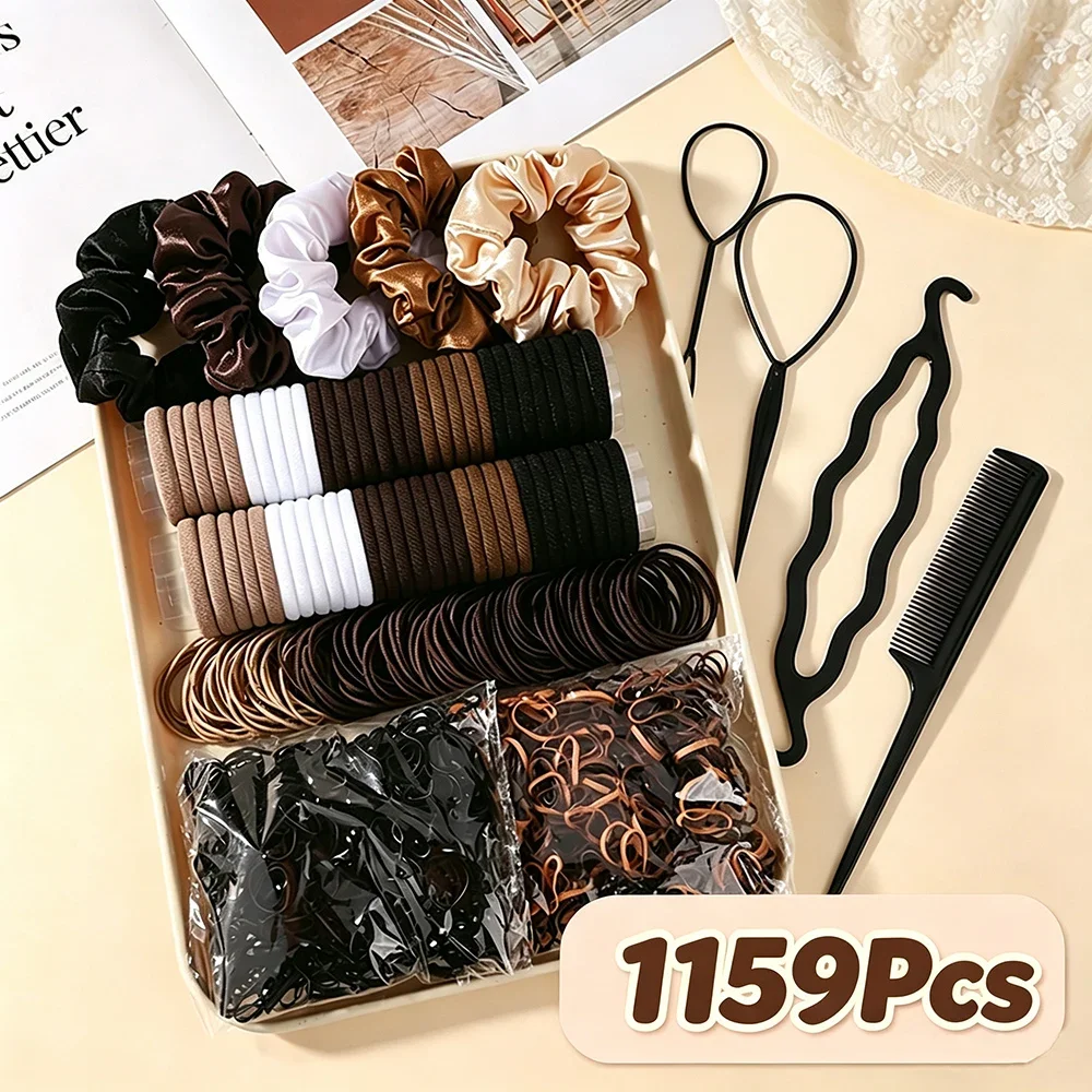 1159-teiliges Haarschmuck-Set, Haargummis in neutralen Farbtönen, Satin-Haargummis, Haarstyling-Werkzeug-Set für Frauen und Mädchen
