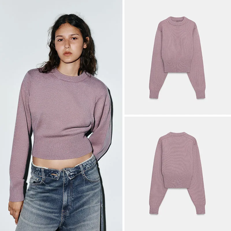 

New Arrival Autumn ZA2025 Women's Knitted Sweater Pure Color ort Length Long Sve round Ne Flat Needle Knit Casual Sle