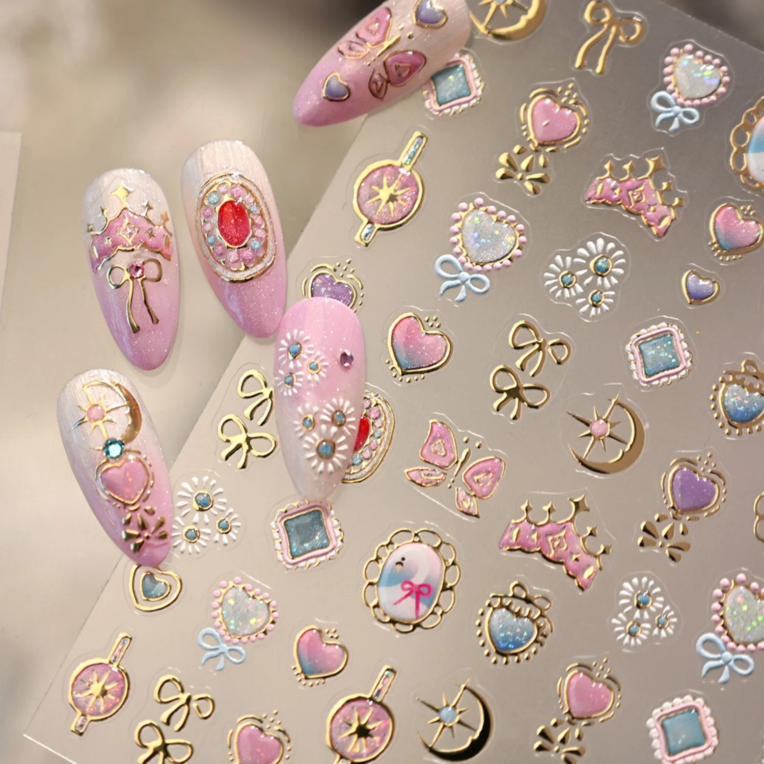 5D Zauberstab Herz Edelstein Schmetterling Spiegel Rosa Schleife Krone Stern Mond Gold Schleife Geprägte Gelee Magische Mädchen Nagelkunst Aufkleber Abziehbilder