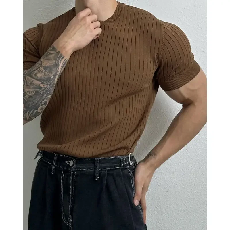 

Luxury Brand 2025 New Men T-shirt Knitted Short Sleeves O-neck Shirt Fashion Solid Elastic Slim Tees Men's Tops Mens T Shirts