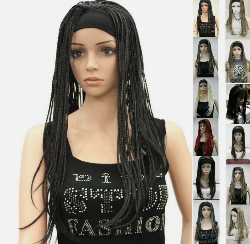 Synthetic Long Straight Hand Made Braids 3/4 Half Full Wig Headband For Women