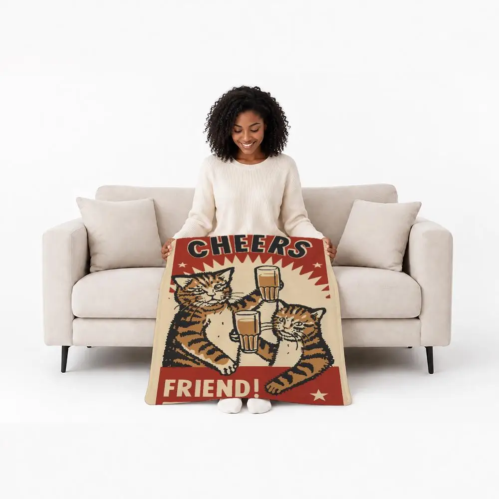 Funny Art Funny Cheers Drunk Cats Throw Custom Printed Flannel Fleece Blanket for Sofa Bed Office Travel & Camping