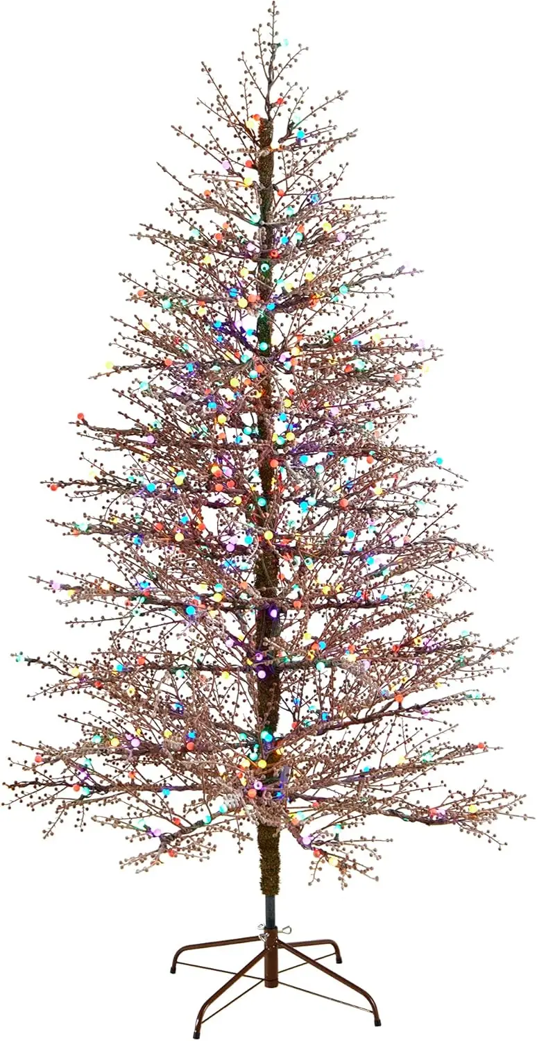 7Ft. Frosted Berry Twig Artificial Christmas Tree With 450 Multicolored Gum Ball Led Lights And 1192 Bendable Branches