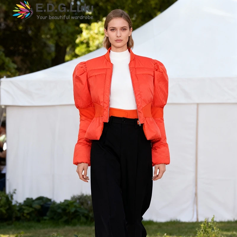 

EDGLuLu 2025, новая зимняя модная короткая куртка с воротником-стойкой, женская асимметричная толстая черная оранжевая куртка на молнии с расклешенными рукавами 1026