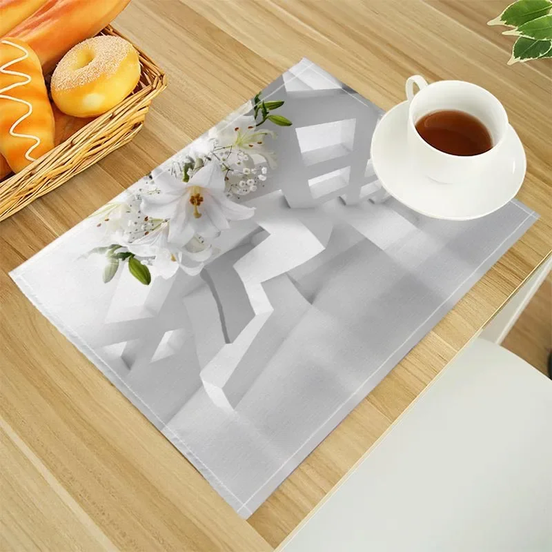 Lily Flower Floral Placemat Linen Fabric Table Mats Family Dinner Tableware Kitchen Table Mat 32X45cm