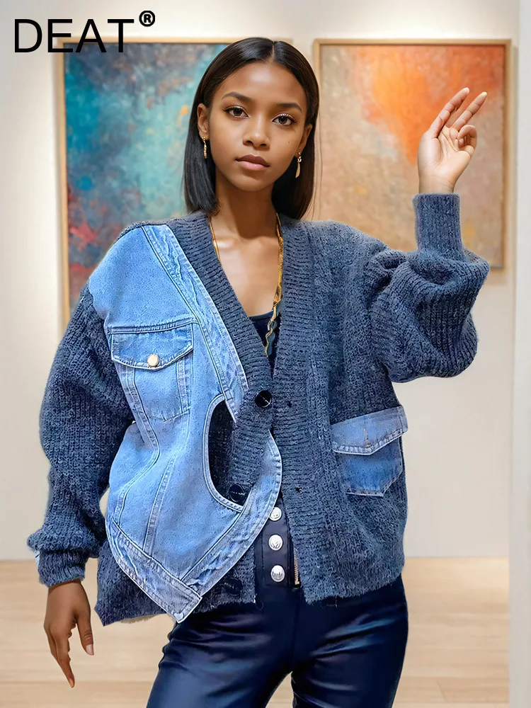 DEAT Spliced Denim Knitted Cardigan For Women Loose Casual Versatile Sweater Jacket Female Trend 2024 Autumn New Items 33A2097