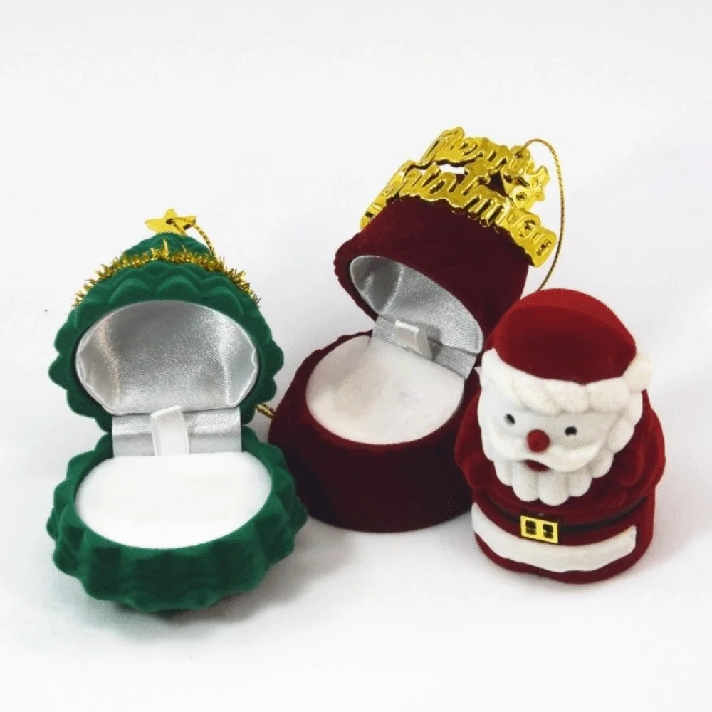 

Flocked Christmas Jewelry Box Christmas Tree Ornament Santa Claus Rings Box Christmas Bell Snowman Propose Rings Box
