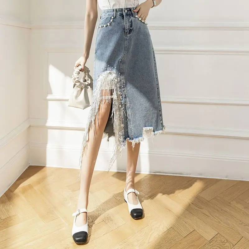 Summer Fashion Heavy Industry Bead Split Skirt High Waist A-Word Denim Skirt