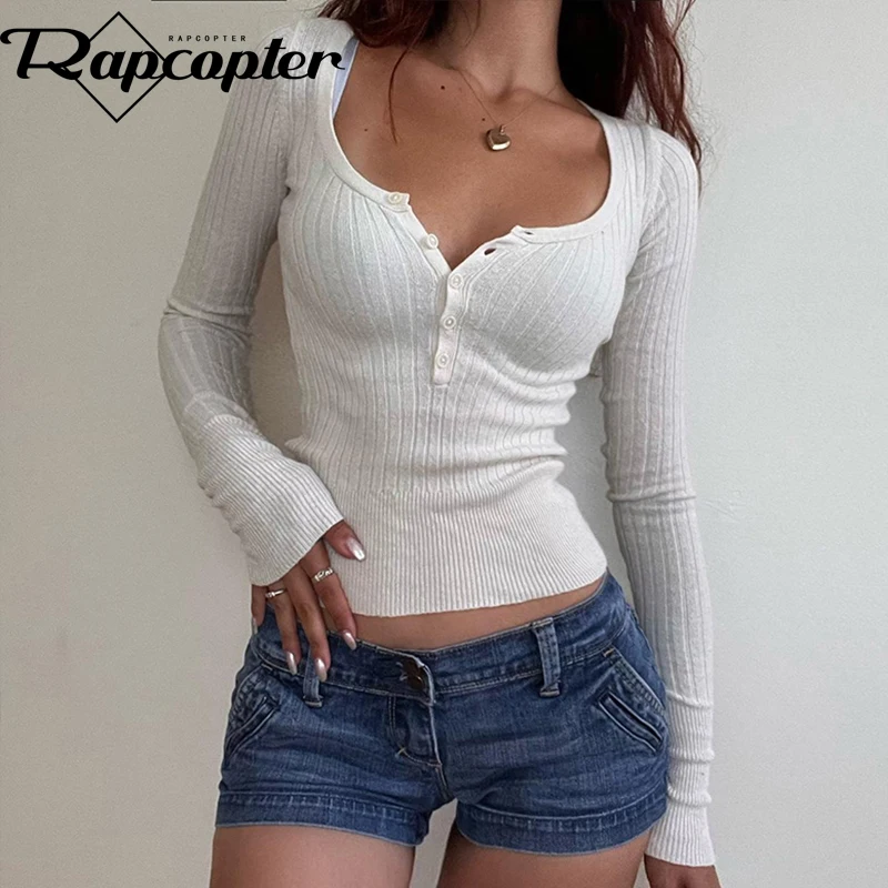 Rapcopter y2k White Knitted Sweaters O Neck Button Full Sleeve Jumpers Women Basic Casual Autumn Winter Kntwear Slim Pullovers