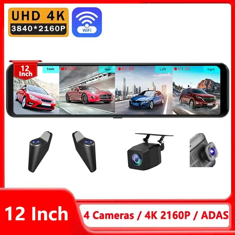 12 Inch 4K Super HD Dash Cam BSD ADAS Car Rearview Mirror Blind Spot Detection Loop Recording 1080P Rear Camera Video Recorde