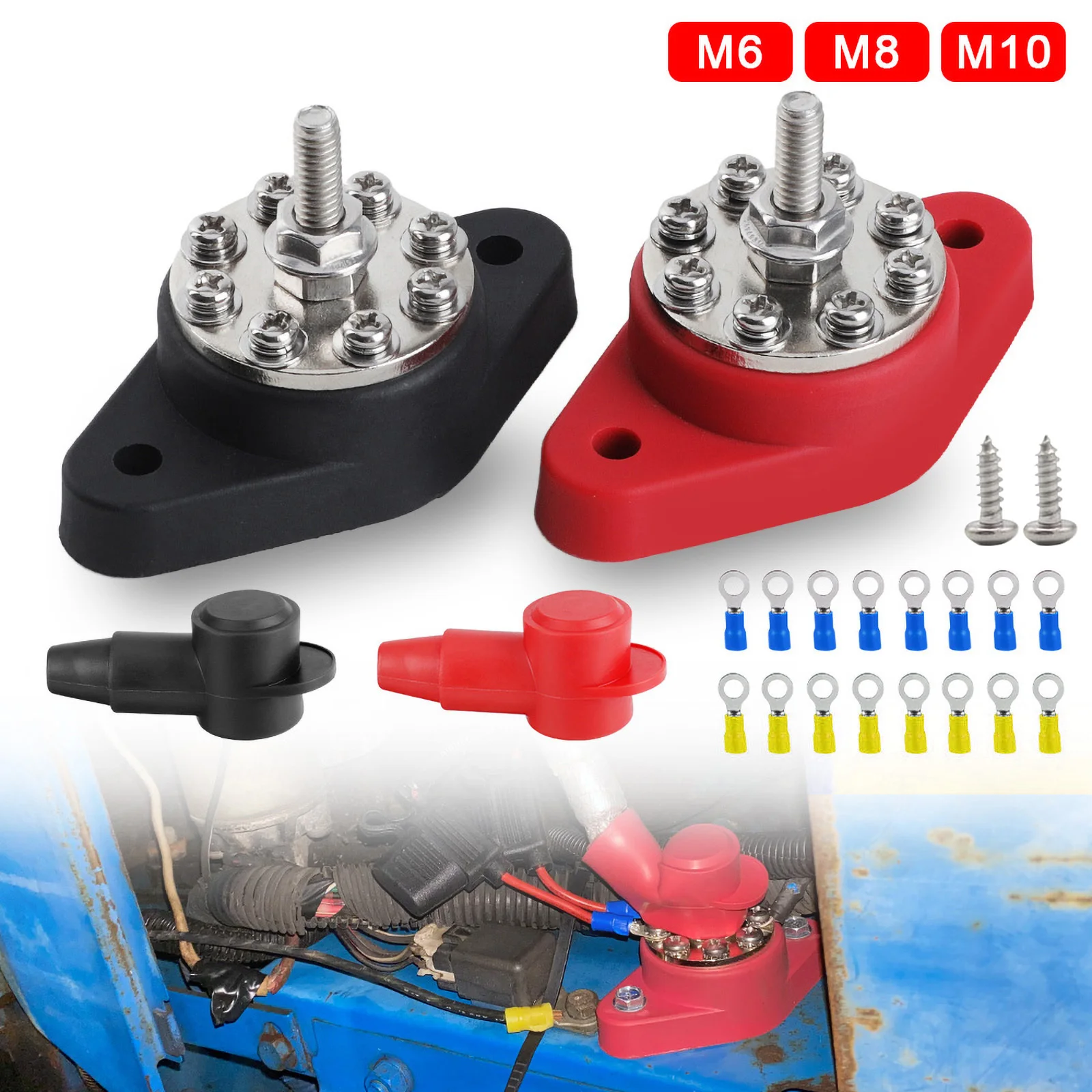 Bus Bar Power Distribution Stud 12V Heavy Duty Battery Terminal Block M10 M8 M6 Stud with Protector for Truck RV Boat Camper Car