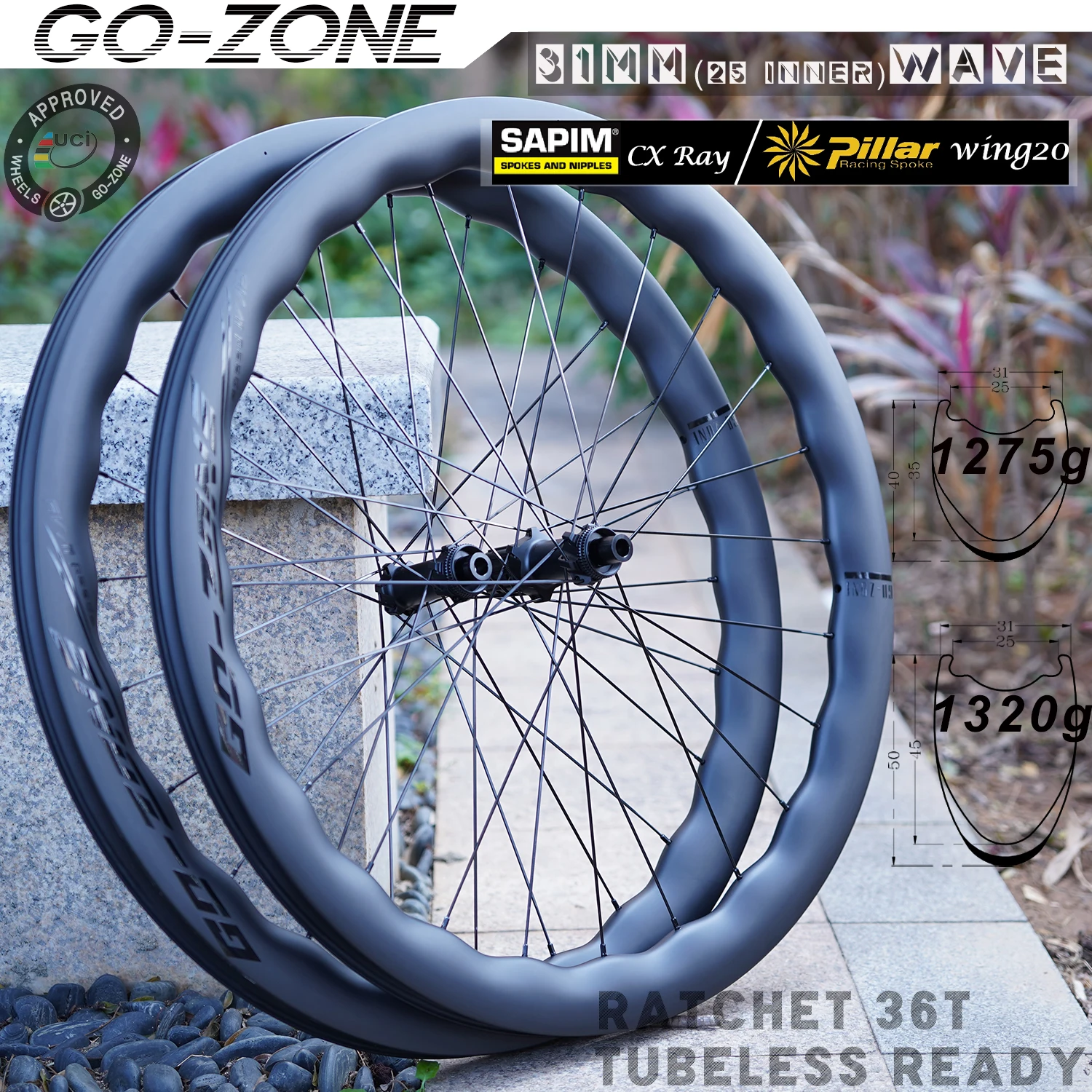 

31 мм Ширина 700c Road Wave Карбоновые колеса Дисковый тормоз с храповым механизмом Sapim / Pillar R270D Бескамерные готовые колеса UCI Appd Комплект дорожного велосипеда