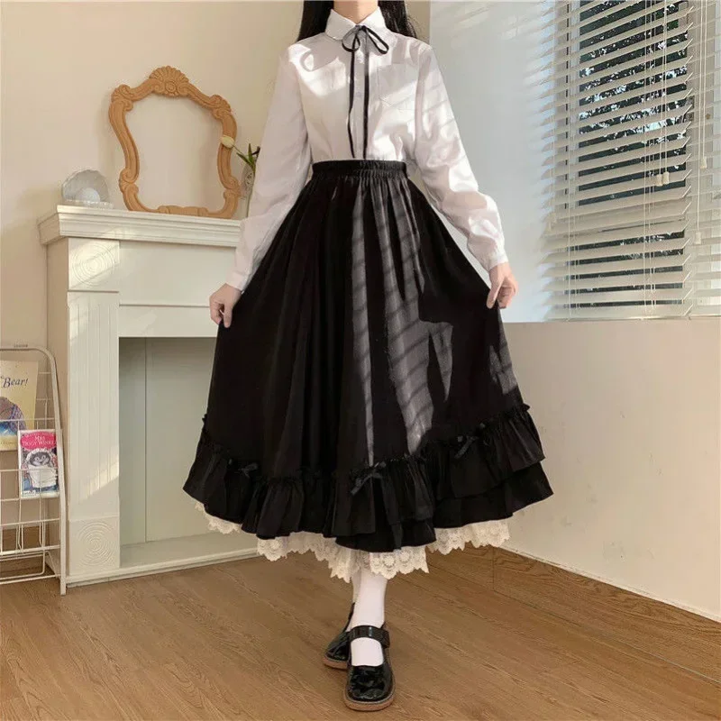 

Black Long Skirts Women Japanese Kawaii Preppy Style Lolita Skirt Female French Vintage Double Layer Lace Ruffled Pleated Skirts