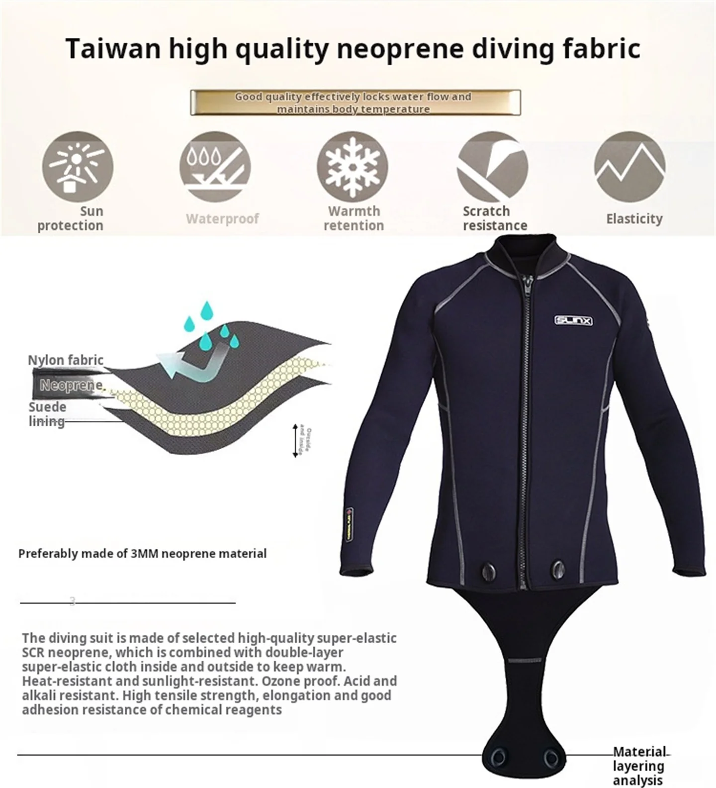 Tauchjacke, 3 mm Neopren, für Herren, verbundener Schritt, Tauchoberteil, Speerfischen, Schnorcheln, Surfen, separater Neoprenanzug, Winter-Badebekleidung – Detail 3