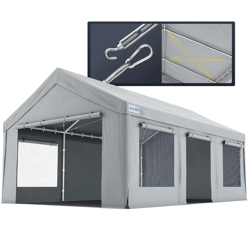 

Heavy Duty 12x20 Ft Carports with Side Zipper Doors & Snowproof Steel Cables & Ventilated Windows, Waterproof, Customized