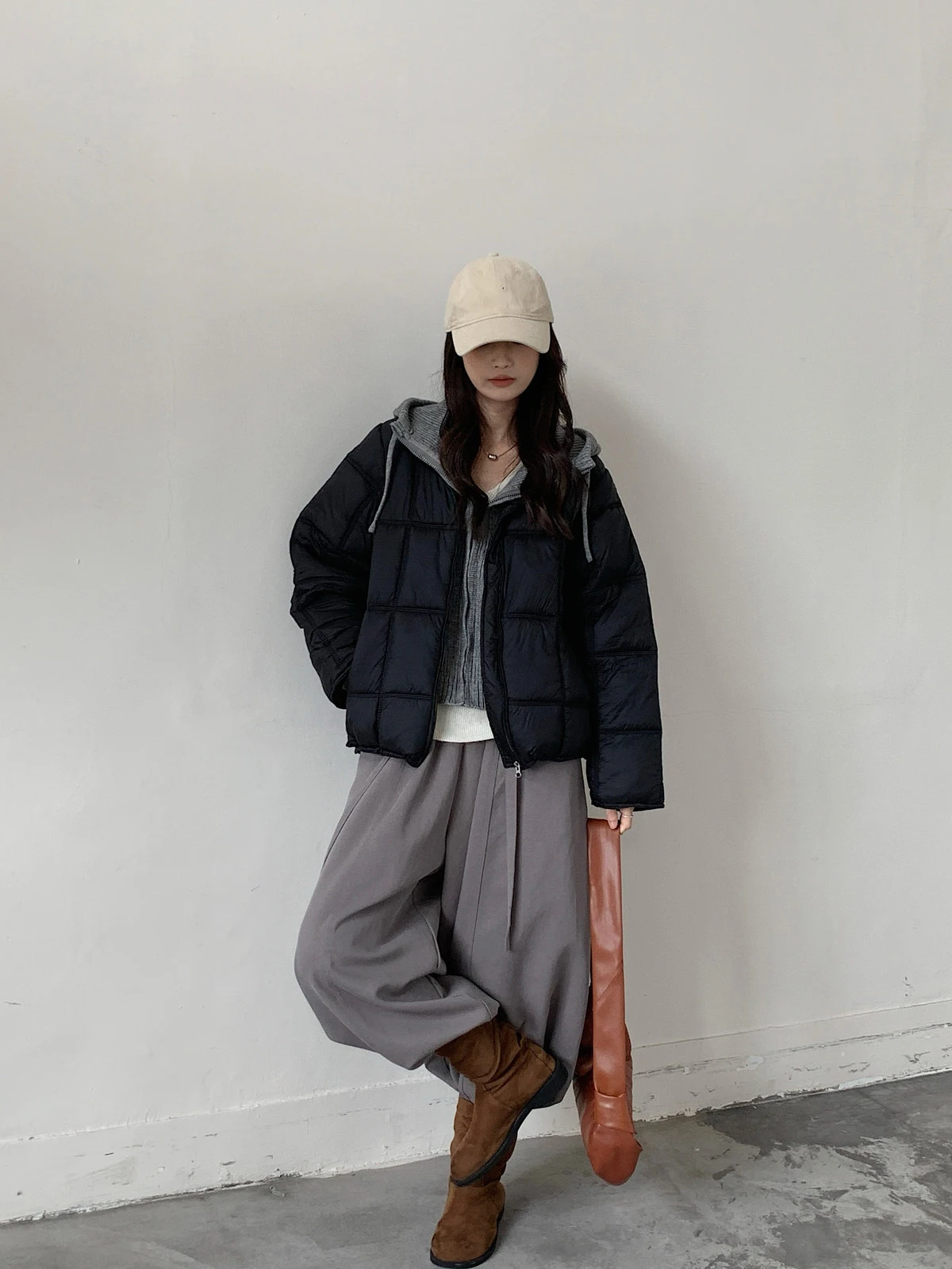 Korean Knit Hood Patchwork Short Puffer Jacket Women Loose Lightweight Warm Padded Parkas Women Solid Color Zipper Winter Jacket