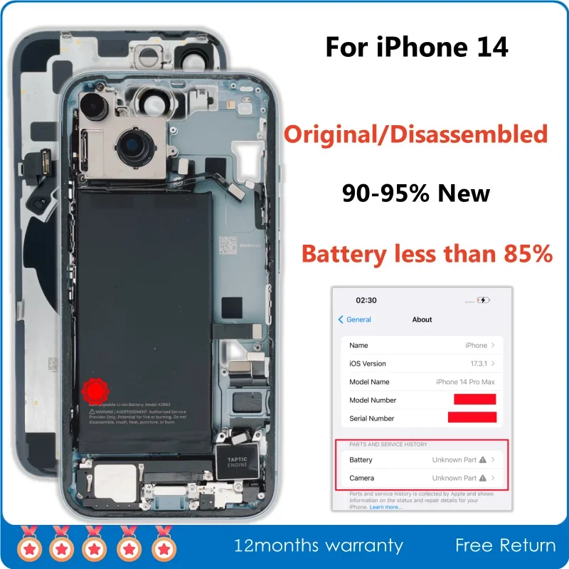 

90-95% New Disassembled Middle Frame Housing Back Cover For iPhone 14 with Battery Rear Camera Assembly Slight Scratches