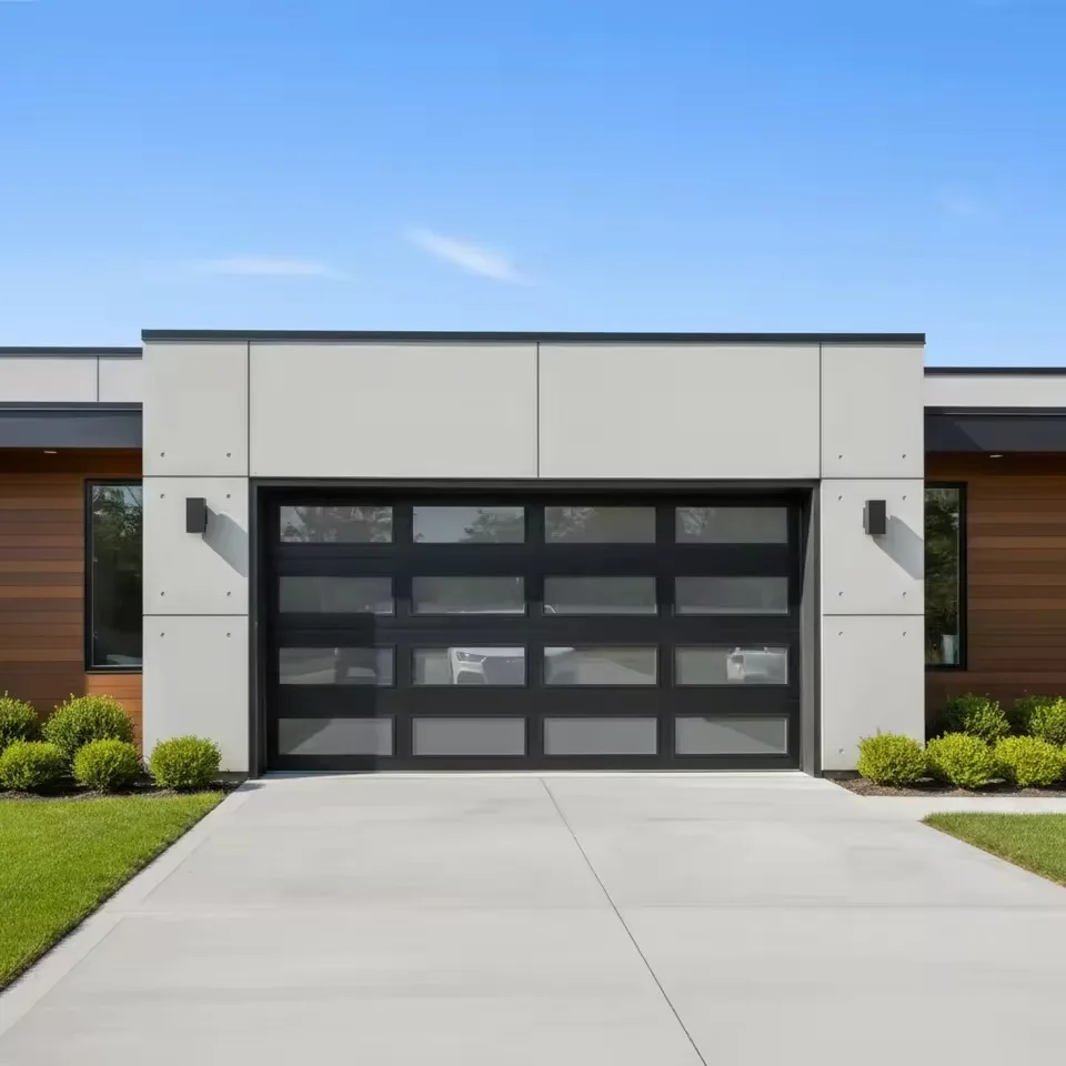 Custom Modern Residential Black Aluminum Glass Garage Door Automatic Control Vertical Sliding Low Price For Villas Black/Frosted