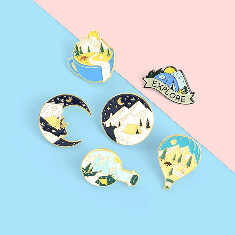 Creative Landscape Mountains River Peak Sunrise Enamel Brooch Bottle Moon Ocean Woods Cartoon Alloy Pins Badge Jewelry Gift