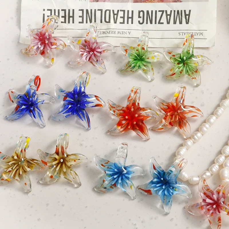 6PCS 29x29mm Murano Lampwork Glass Summer Beach Starfish Butterfly Pendant Necklace For Women Gift Sands Mix Color Jewelry