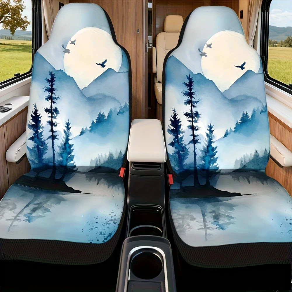 Set Of Two, Front Seat Covers Featuring A Moonlit Pine Reflection Design, Enhancing Both Comfort And Style For Both Driver And P