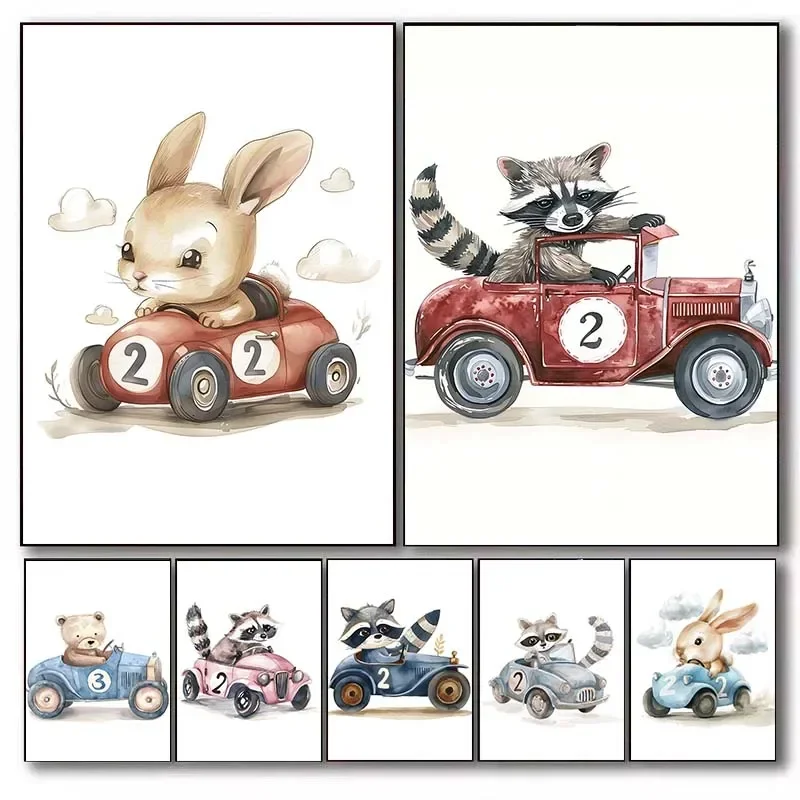 1pc frameless canvas painting 1pc frameless canvas  Raccoon Rabbit Bear Animal Car Nursery Wall Art  Nordic Posters Prints Wall