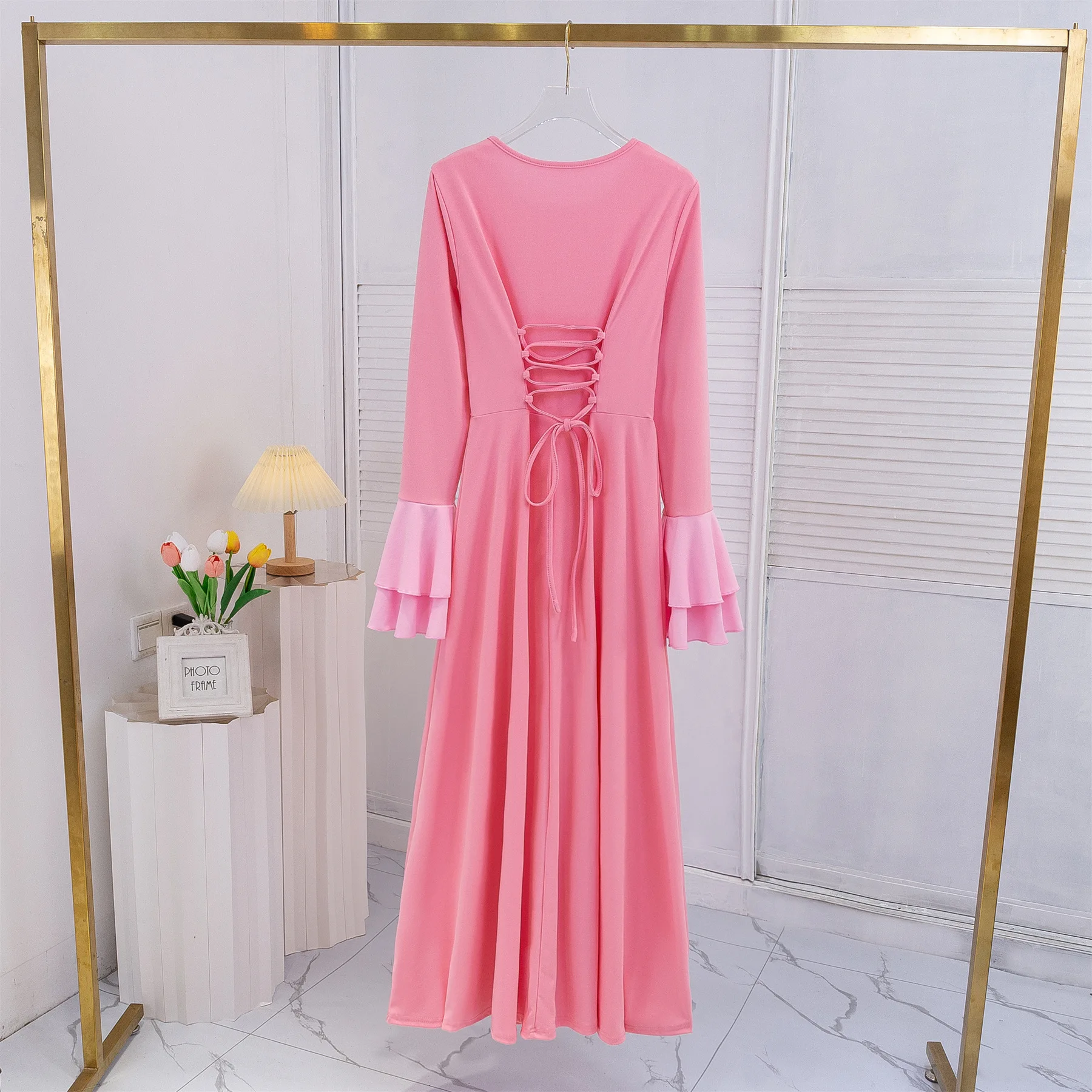 Pink Abayas for Women Muslim Flare Sleeve Bandage Maxi Dress Dubai Turkey Kaftan Eid Ramadan Djellaba Islam Jalabiya Caftan Robe