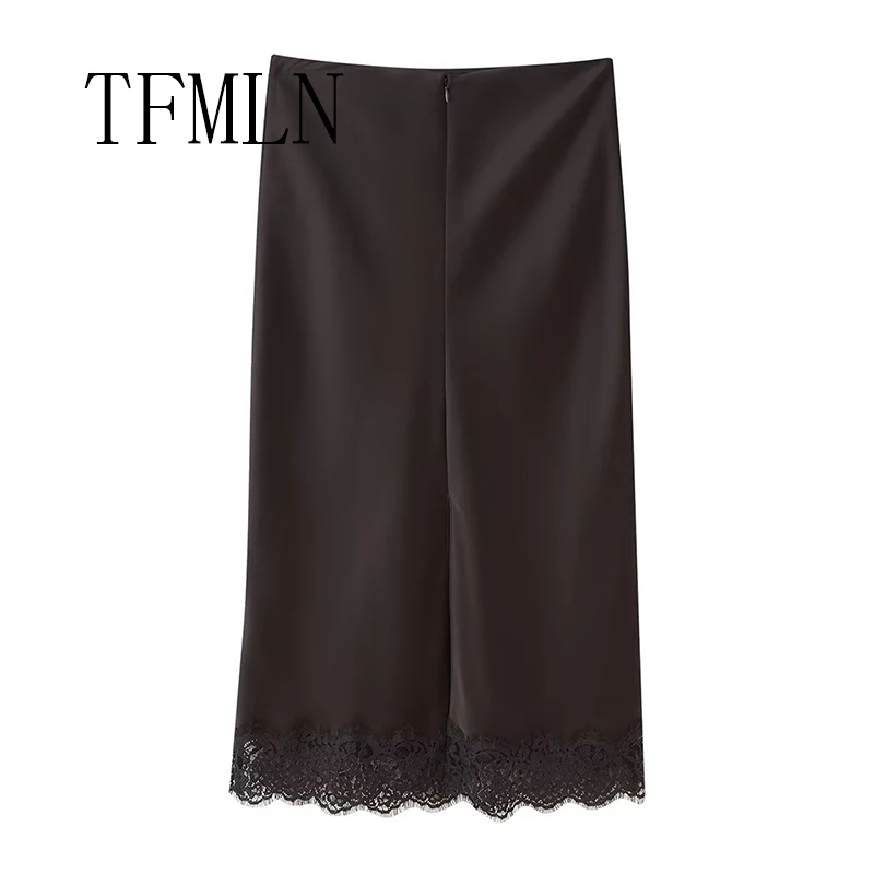 TFMLN أنيقة الدانتيل لصق الساتان نصف تنورة المرأة موضة التفاف حول تنورة طويلة جودة عالية يشعر نمط جديد 2025