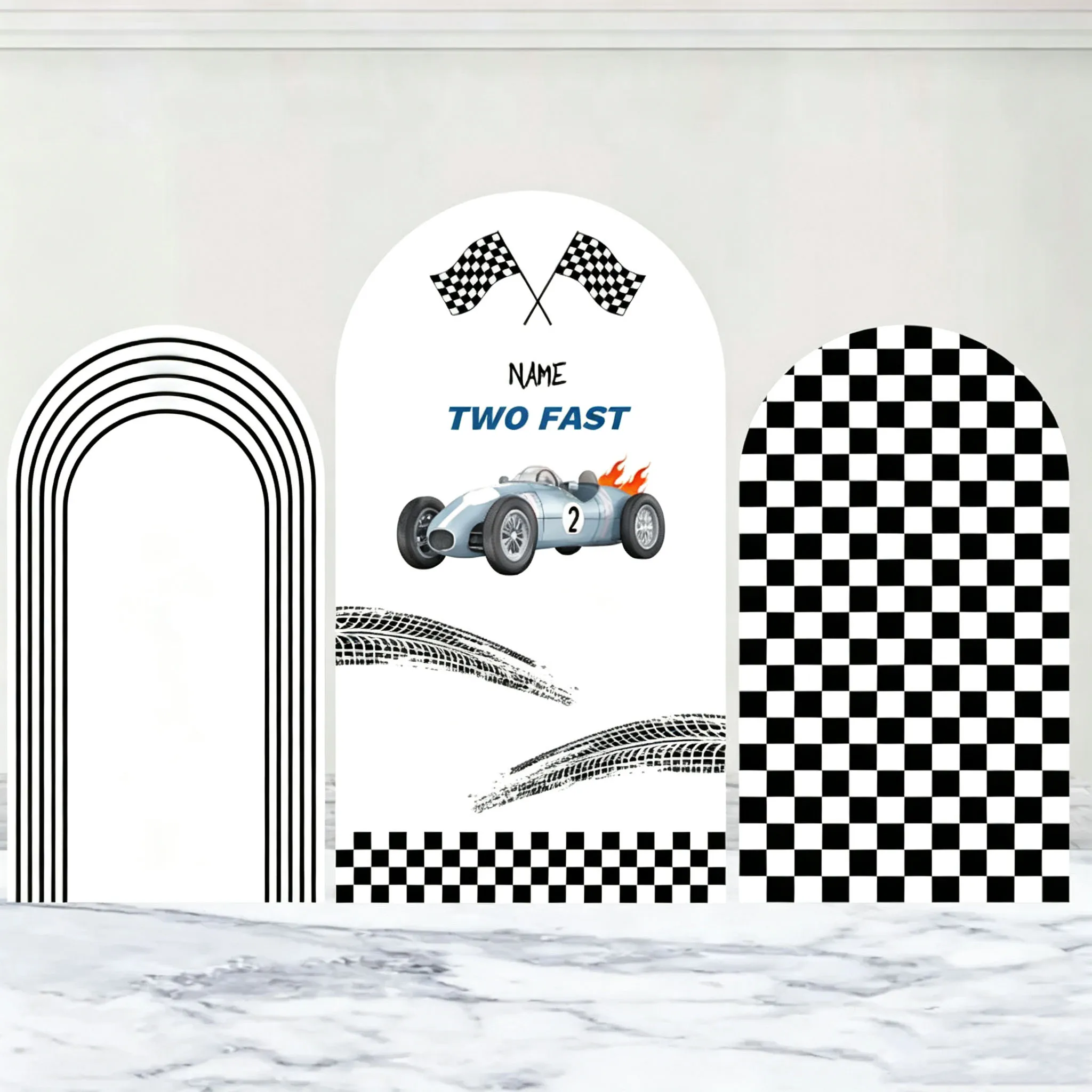 Custom Double-Sided Two Fast Baby Shower Arch Backdrop Cover Racing Car Track Black And White Checkered Birthday Party Photoboot