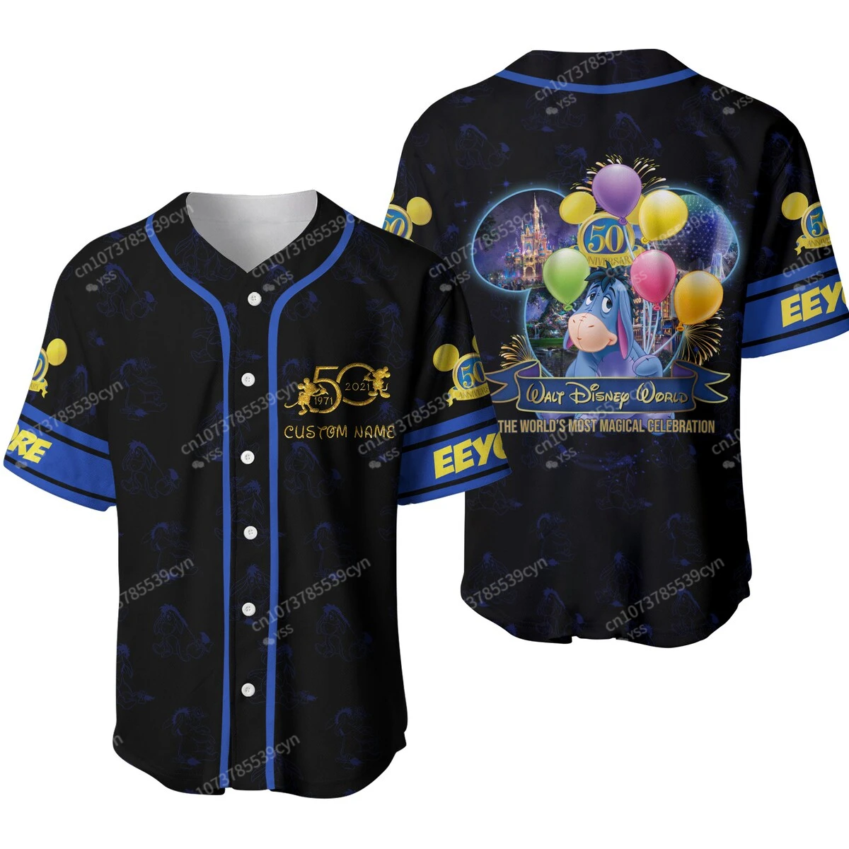 Eeyore Donkey Blue Disney 50th Anniversary Pattern Baseball Jersey