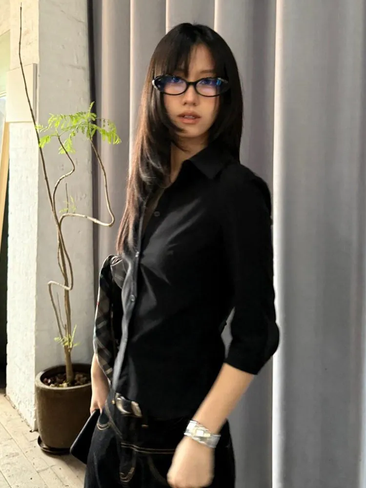 Genayooa Vintage Freizeithemd für Damen, Dreiviertelärmel, schwarze Hemden, 2000er Jahre, japanische Y2k-Retro-Tops, schmale Hemden, Streetwear-Blusen-Tops – Detail 7