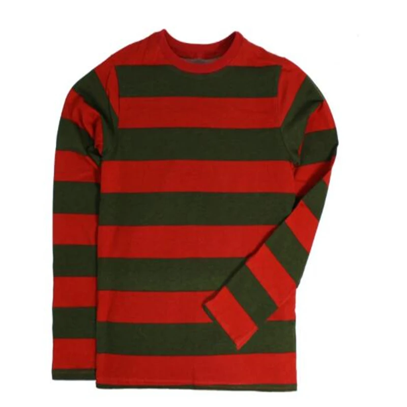 New Men's Fashionable Casual Horizontal Stripe Nightmare Long Sleeved Olive Red Stripe Shirt Freddie Kruger Loose Clothing